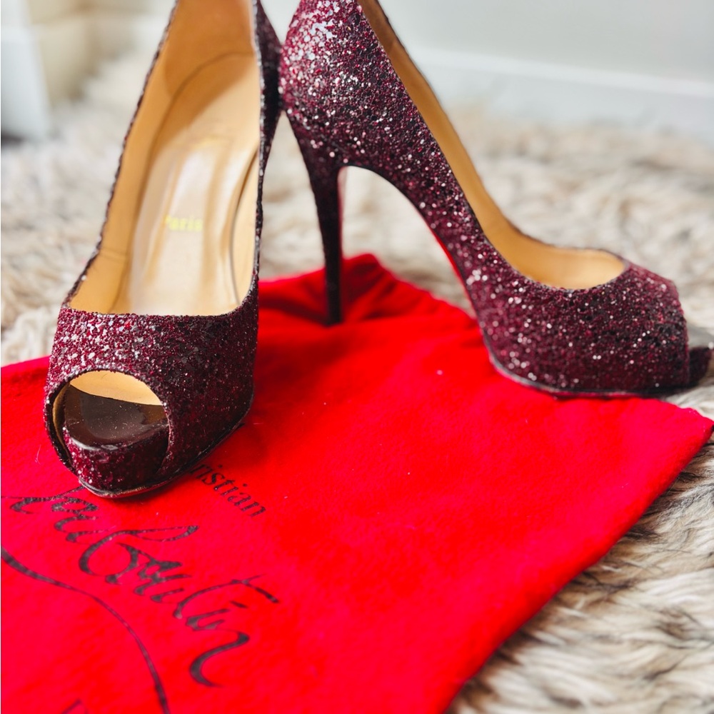 Christian Louboutin Burgundy Glitter Peep-Toe Heels